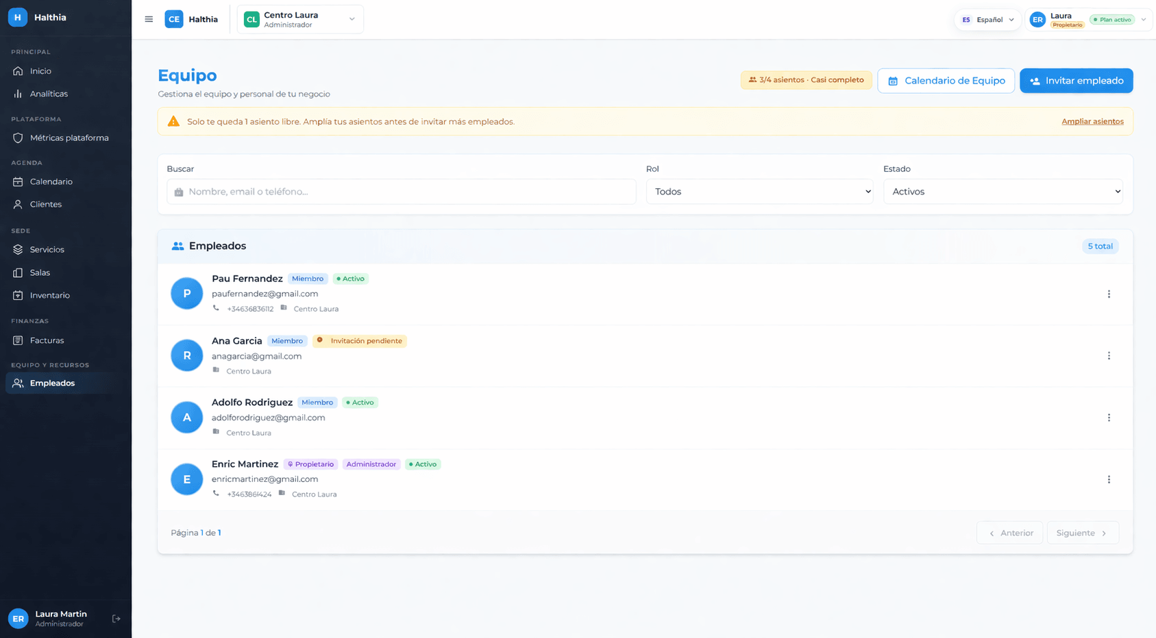 Team and staff management in Halthia