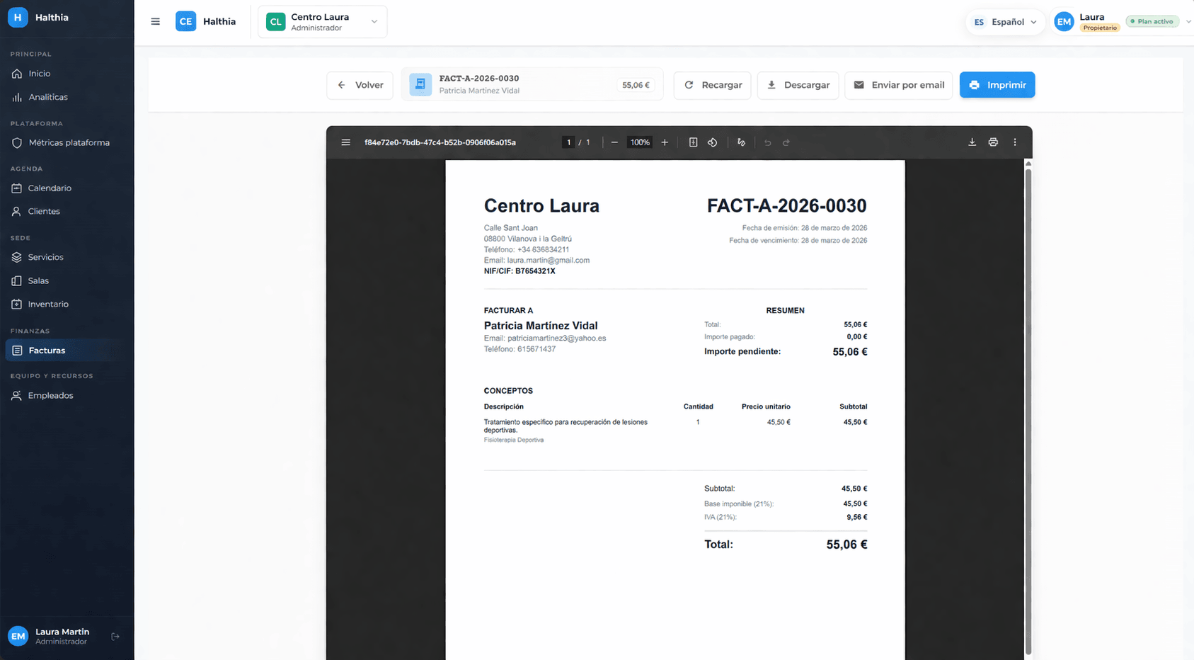Invoice view in Halthia with preview and print