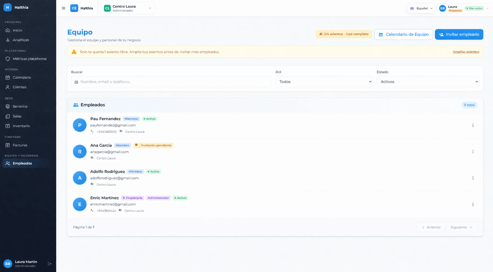Team and staff management in Halthia