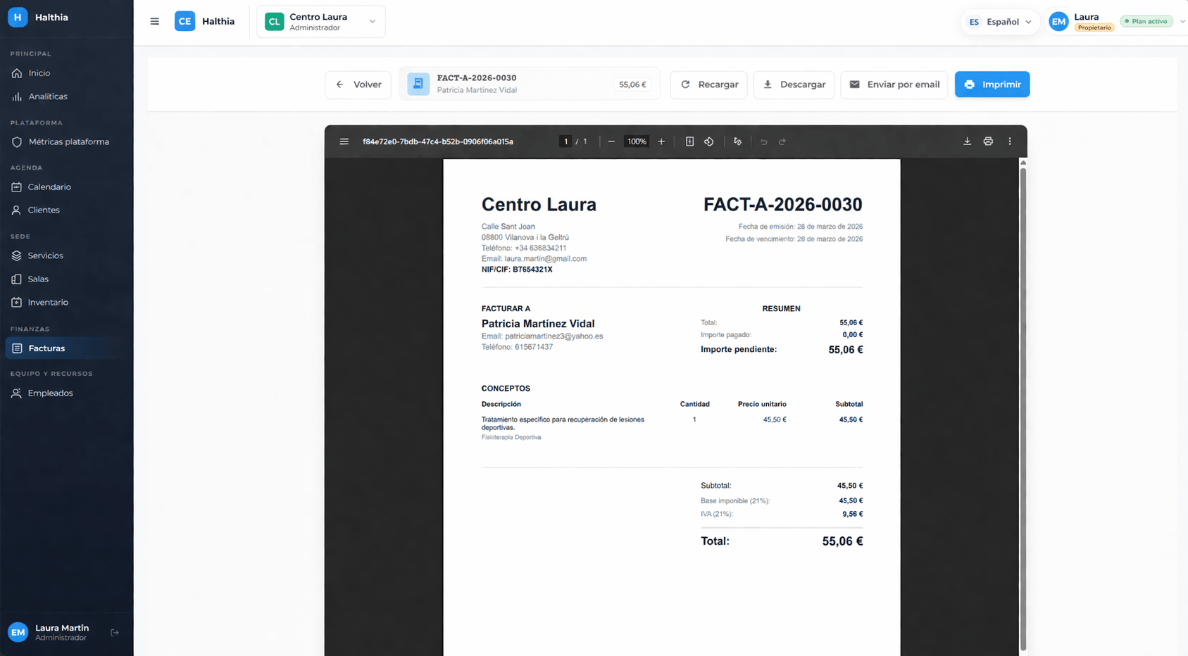 Invoice view in Halthia with preview and print